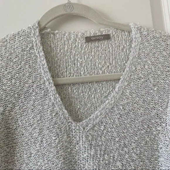 Orsay sparkly white fall sweater V-neck tight fit - Picture 6 of 13